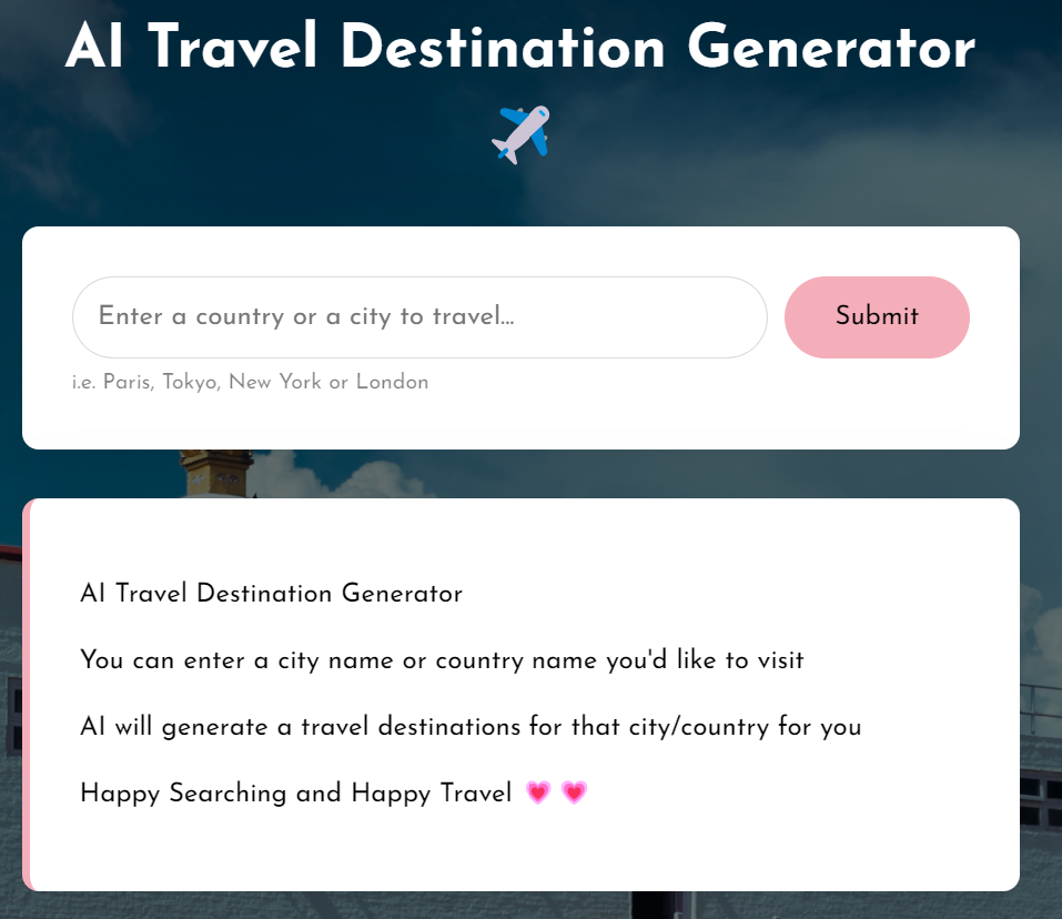 ai travel destination generator project preview